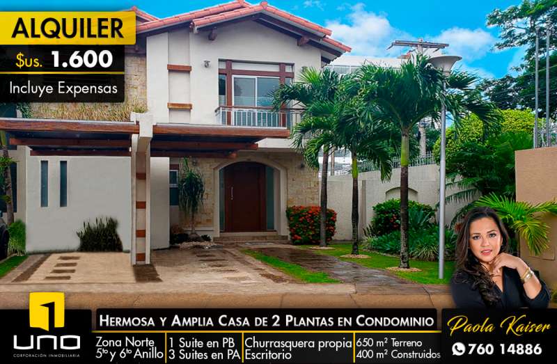 Hermosa casa en alquiler en condominio privado en Santa Cruz